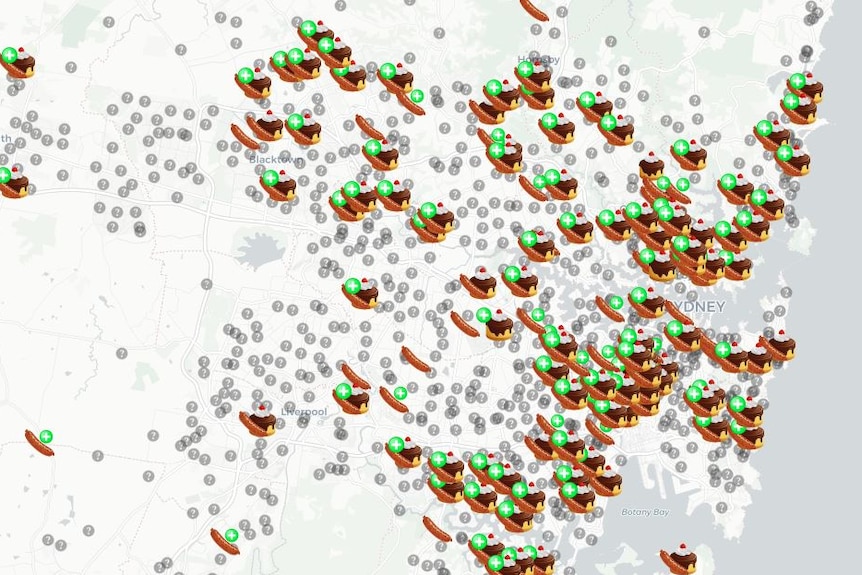 A map of Australia with small images of sausages and cupcakes across it.