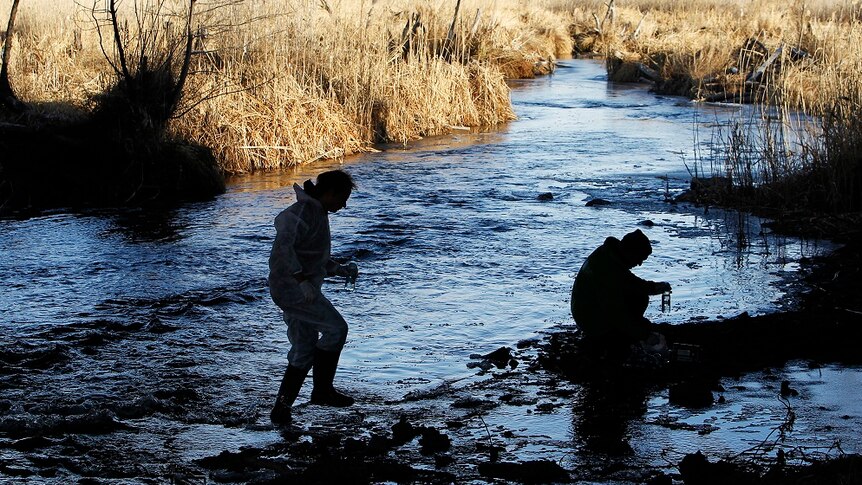 Two men walk in the shallows of a river with scientific equipment.