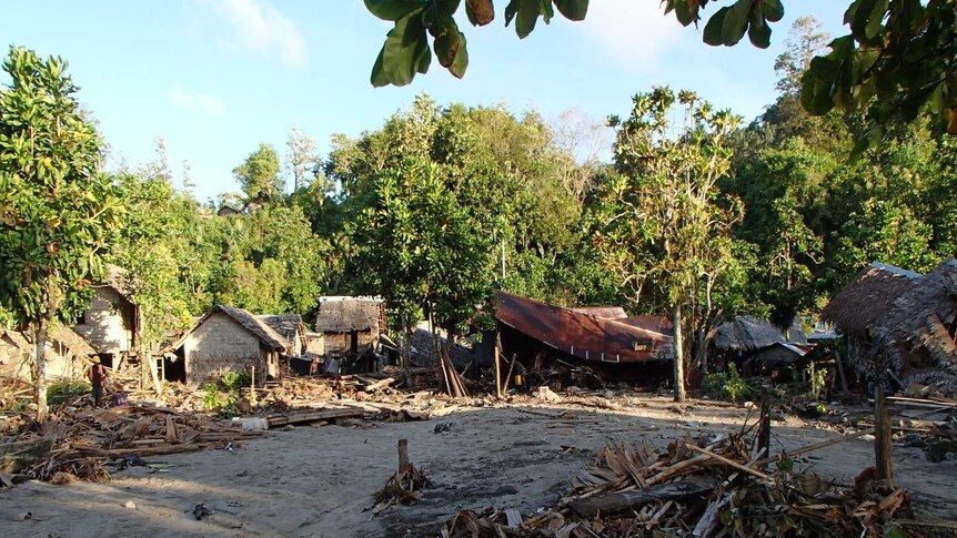 Houses destroyed in Venga village, Solomon Islands in February, 2013.