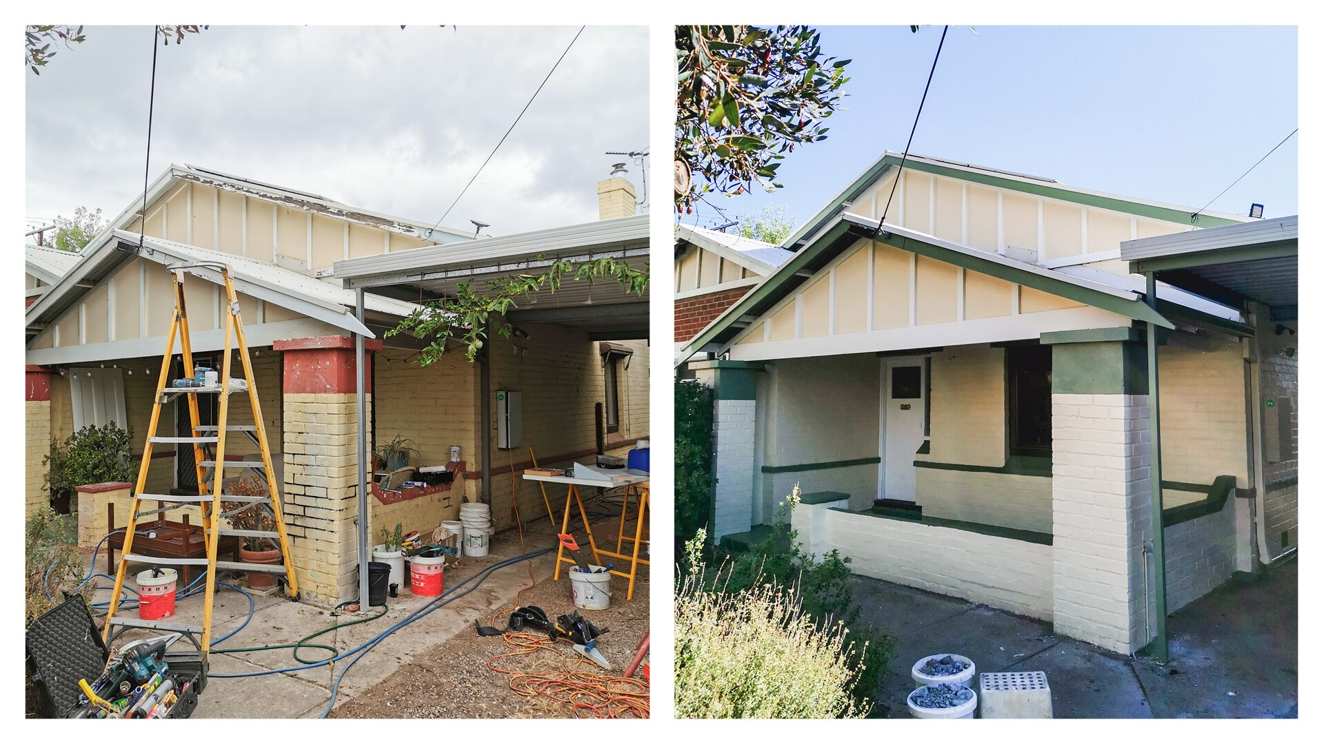A before and after shot of the front of Koren's house. The first is covered in scaffolding the second is of a neat little house