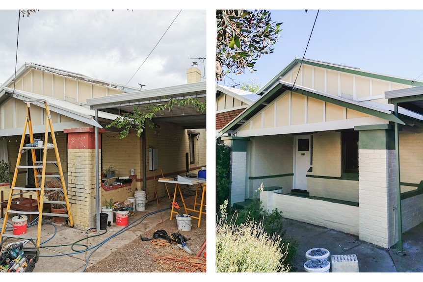 A before and after shot of the front of Koren's house. The first is covered in scaffolding the second is of a neat little house