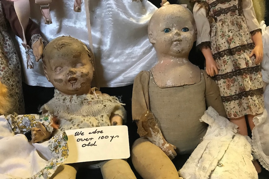 Two antique dolls with cracks on their faces sit side side by side with a sign that reads "We are over 100 years old".