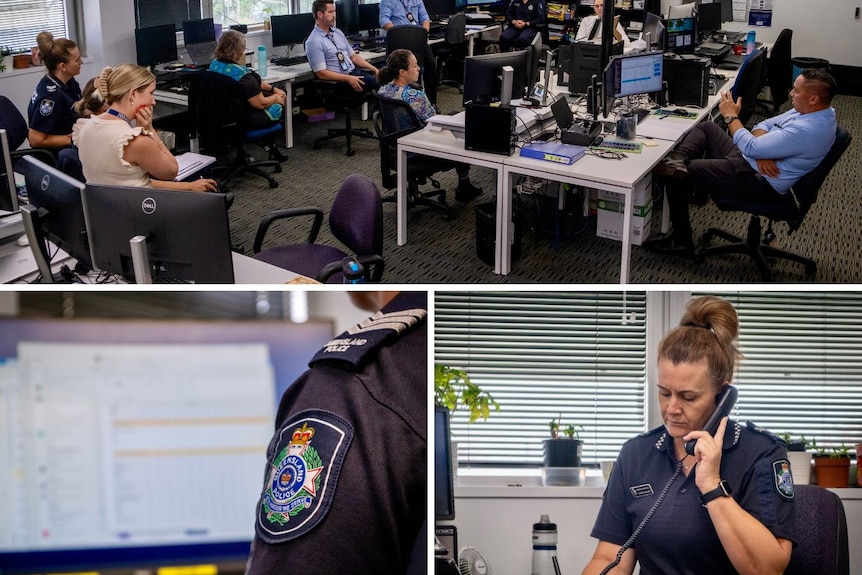 A collage of photos of police officers working in an office.