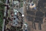 Comparison of an apartment building and church, before and after being destoryed