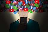 A graphic showing someone looking at their phone with social media icons around their head.