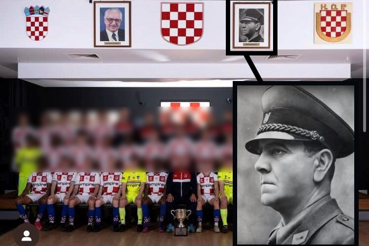 A large soccer team with faces all blurred in a line with an image of Ante Pavelić, former Führer of Croatia, hung on the wall.