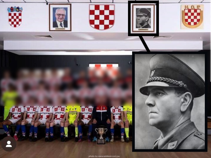 A large soccer team with faces all blurred in a line with an image of Ante Pavelić, former Führer of Croatia, hung on the wall.
