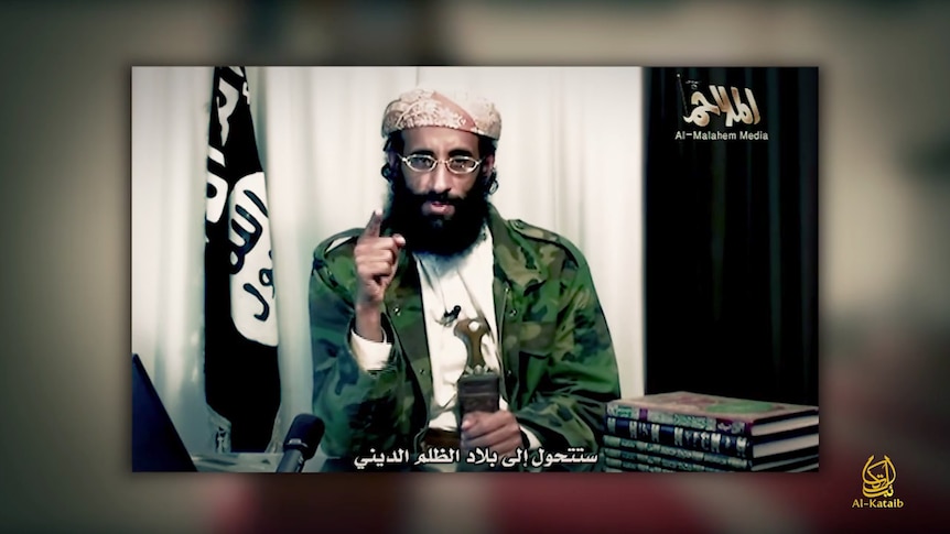A screenshot from the video showing Islamic militant Anwar al-Awlaki telling Muslims that they must leave or fight.
