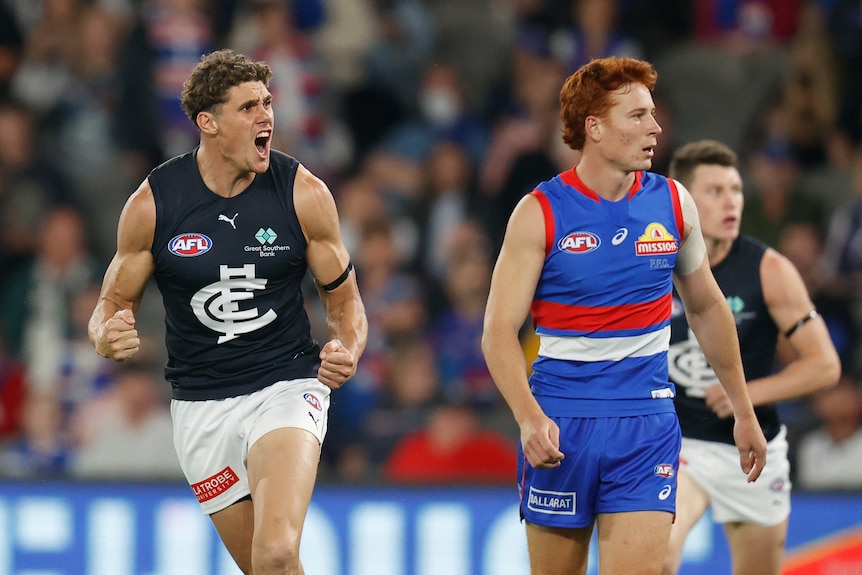 Charlie Curnow celebrates a goal