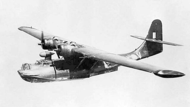 An RAAF Catalina flies during WWII, circa 1942.