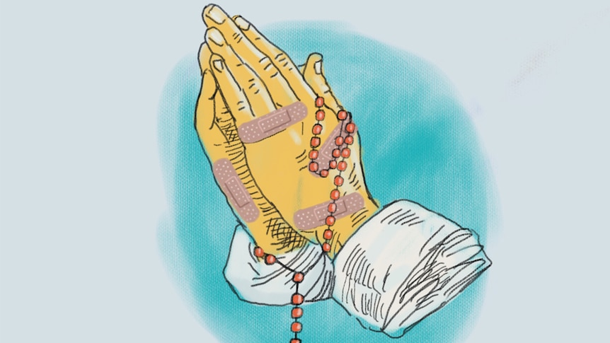 An illustration of two hands covered in bandaids and clasped in prayer, holding a rosary