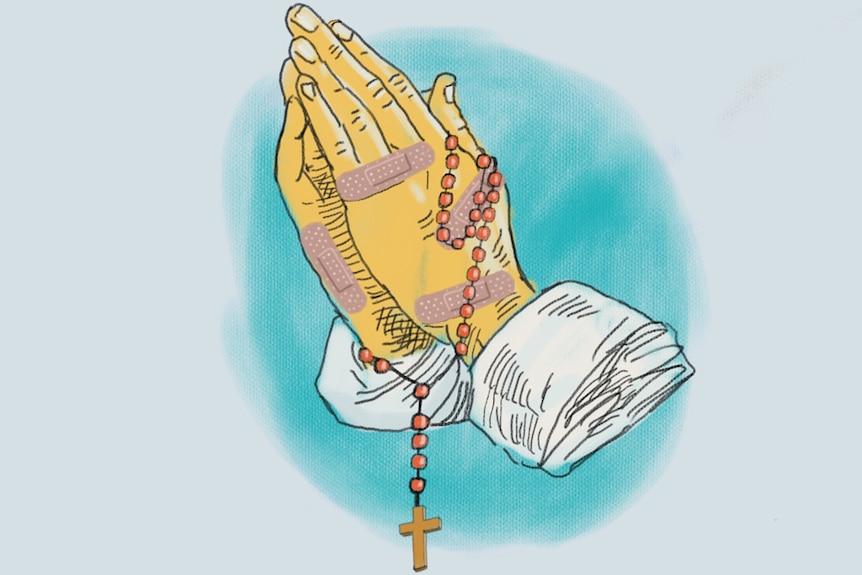 An illustration of two hands covered in bandaids and clasped in prayer, holding a rosary