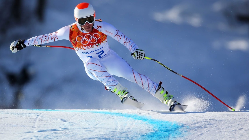 American Bode Miller skis during training for the Men's Downhill ahead of the Sochi 2014 Games.