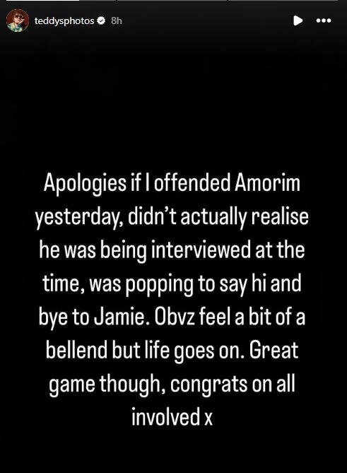 A screenshot of Ed Sheeran's Instagram story message apologising for interrupting a TV interview.