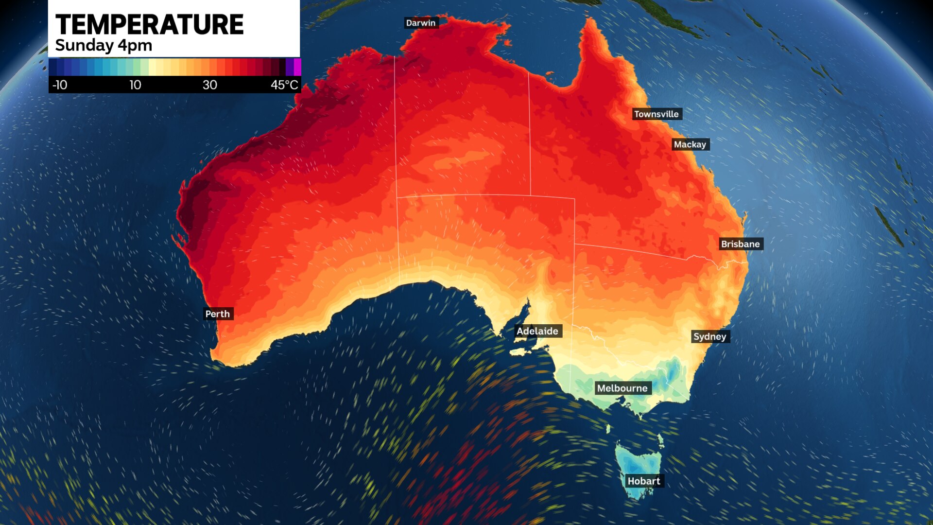 A map of Australia showing red colours across the continent for high heats, with a small pocket of blue around Melbourne