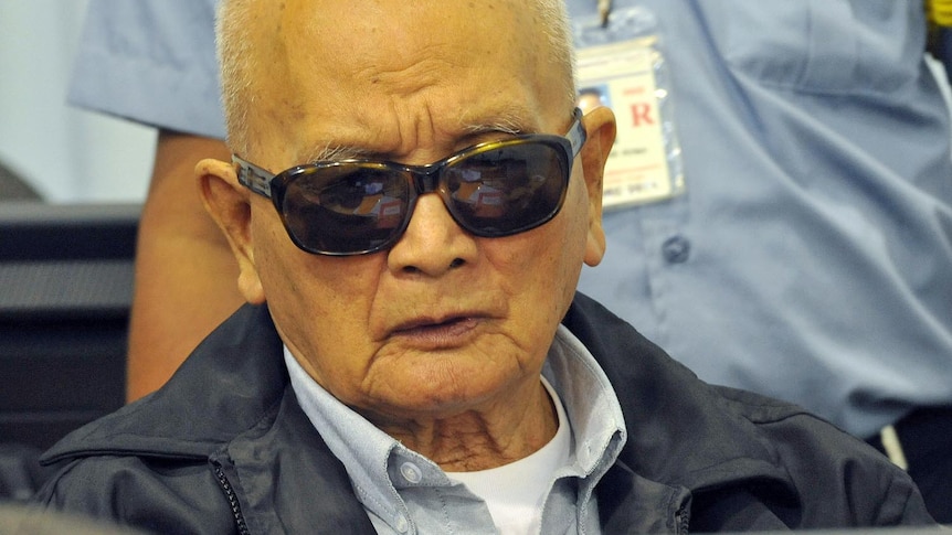 Former Khmer Rouge leader Nuon Chea (Brother Number Two) sitting in a Phnom Penh courtroom on December 5, 2011.