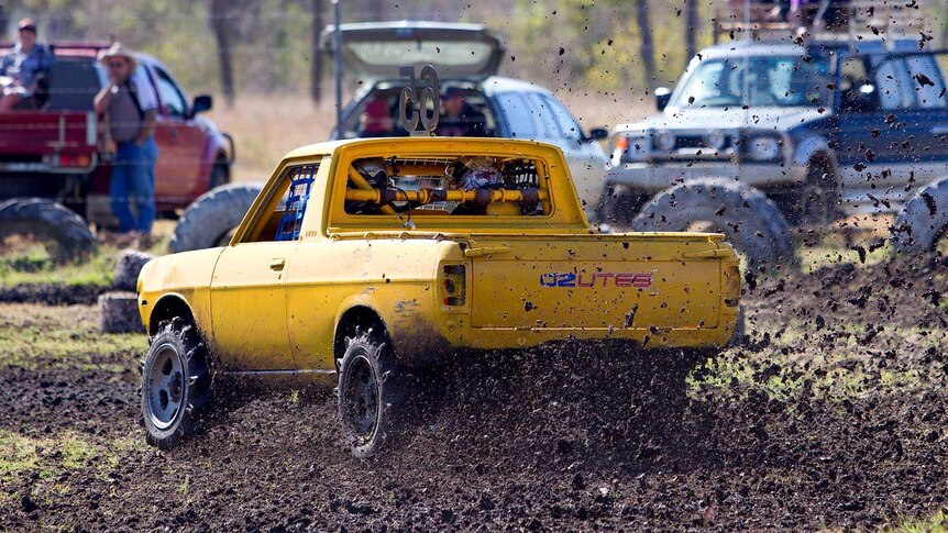 A junior competitor races at the Kabra mud races