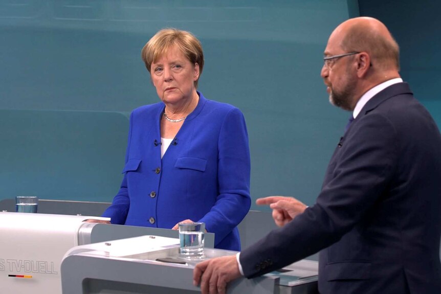 A screengrab of the only televised debate between Merkel and Schulz