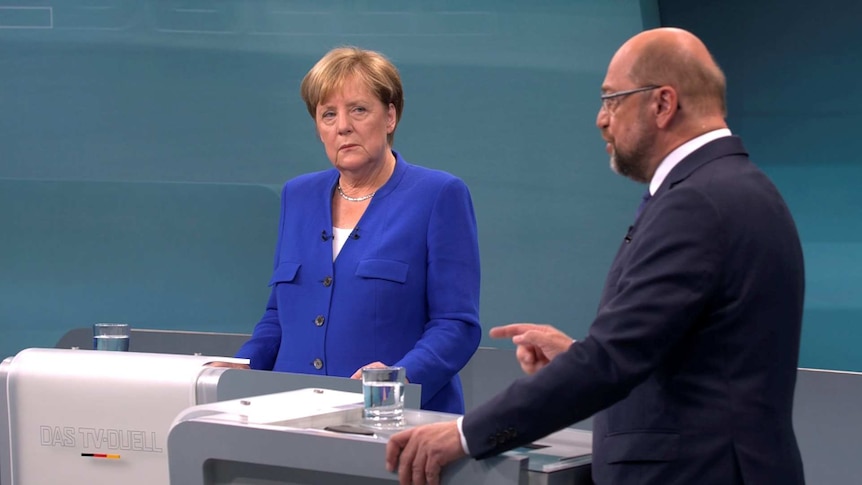 A screengrab of the only televised debate between Merkel and Schulz