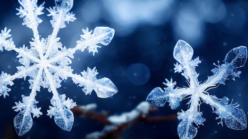 Two snowflakes up close.