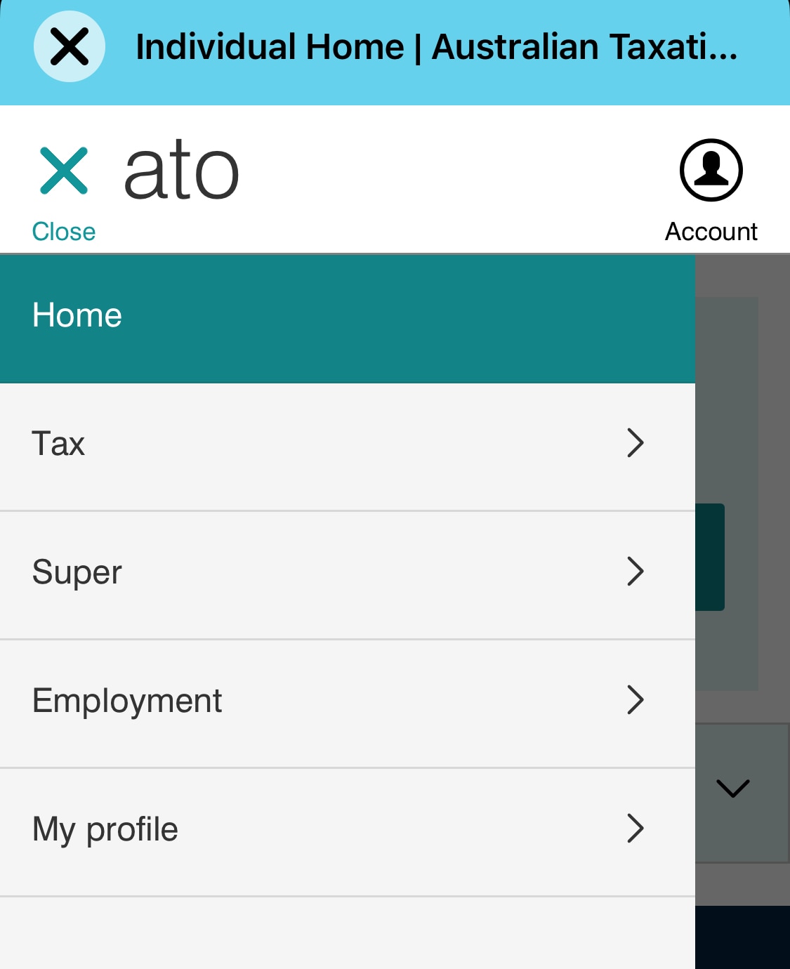 A screenshot of the ATO portal in the myGov app. This shows the main drop-down menu. 