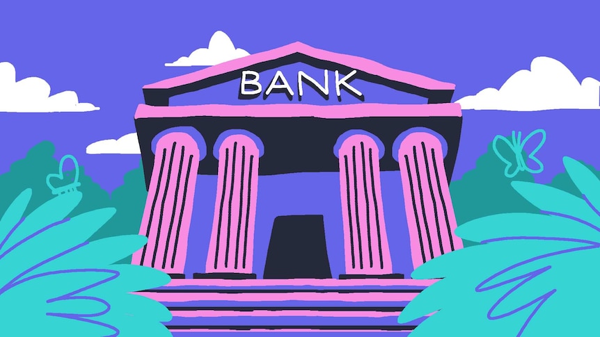 Illustration of bank building surrounded by vegetation.