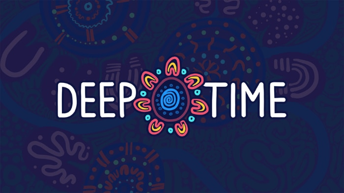 A dark blue graphic with Indigenous Australian art, and a title reading DEEP TIME in capital letters.