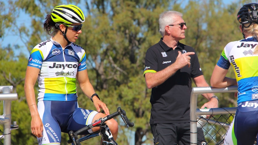 Cycling Australia High Performance Unit Women's Track Squad coach Gary Sutton with cyclists in 2016.