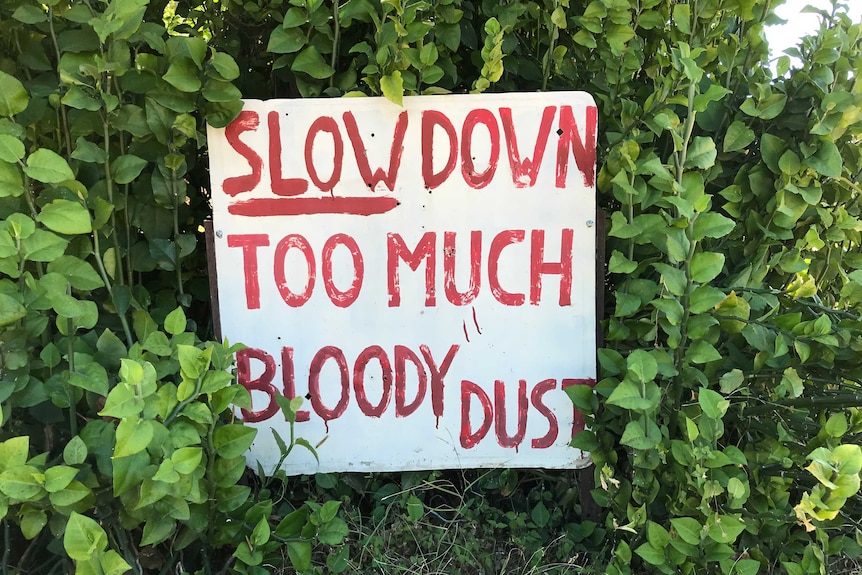 A sign that says slow down, too much bloody dust