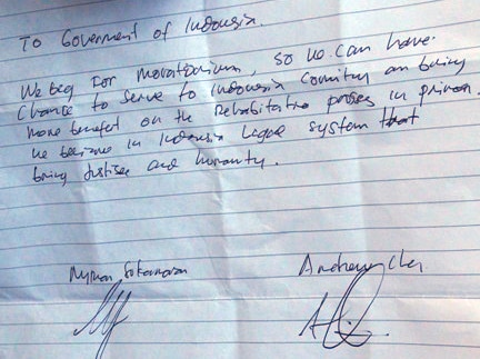 Letter from Bali Nine pair to Indonesian government