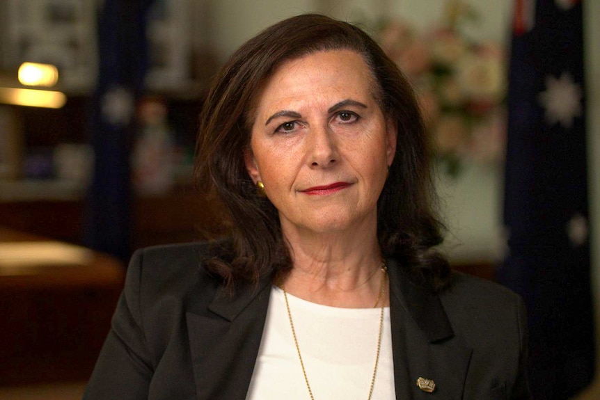 Senator Concetta Fierravanti-Wells, dark-haired and formally dressed, apparently being interviewed.