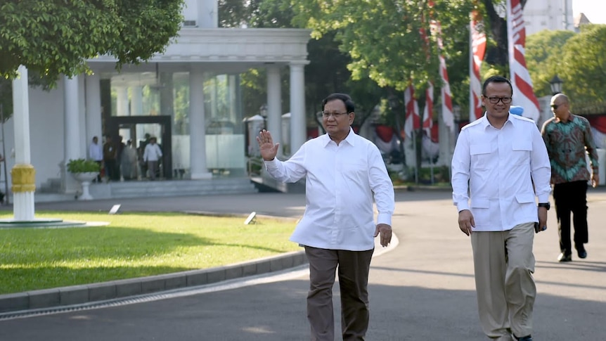 Prabowo Subianto datang ke Istana Kepresidenan (21/10/2019) bersama Edhy Prabowo.