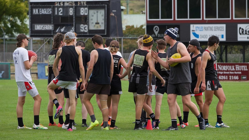 Under 18 and seniors team training at New Norfolk FC, Boyer Oval, March 2018.