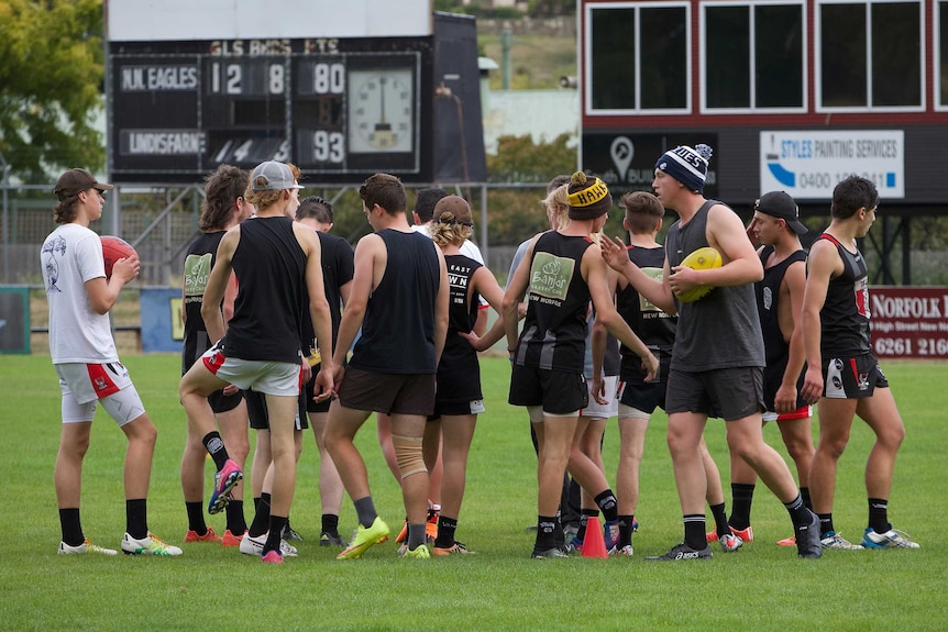 Under 18 and seniors team training at New Norfolk FC, Boyer Oval, March 2018.