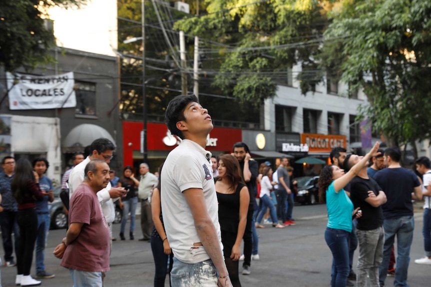 Dozens of people stand in a street looking upwards.