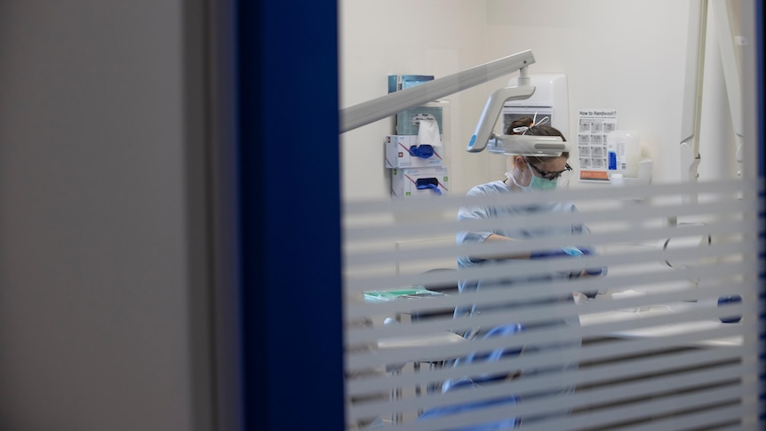 Looking through the door of a dental clinic where a dentist inside prepares a chair and equipment.