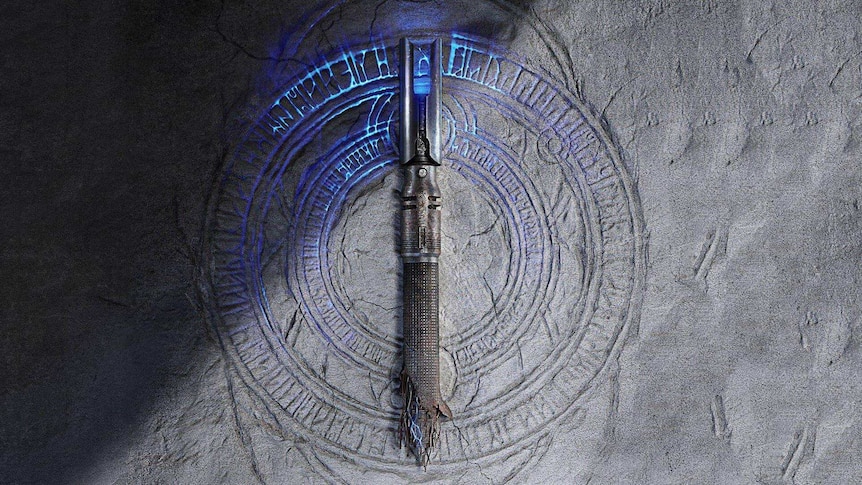 A broken lightsaber set against a glowing rock with mysterious inscriptions.