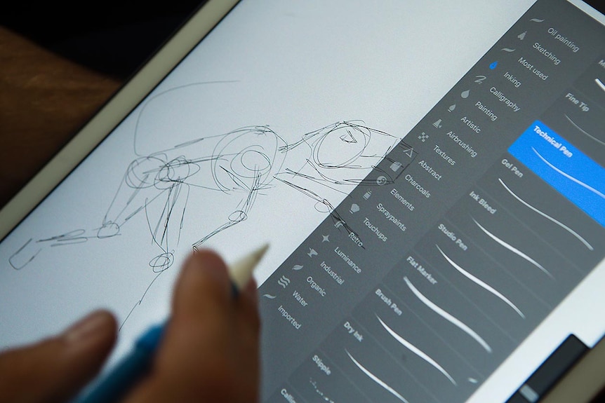Close up of illustration work on a tablet screen.