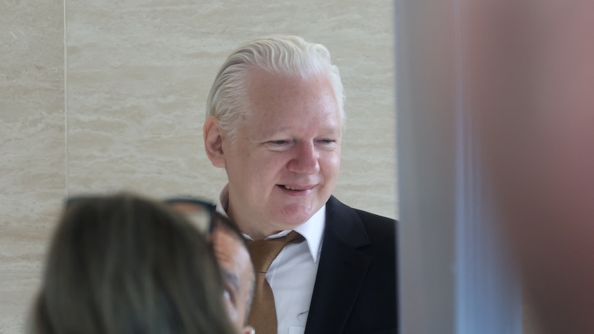 A close up of Julian Assange smiling slightly in a suit and brown tie in court