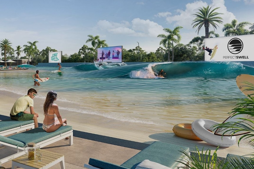 People on deck chairs and a large wave pool with a surfer riding wave