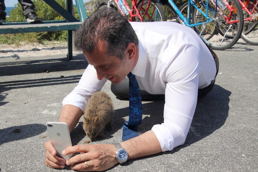 Minister Paul Papalia on the ground taking a selfie with a quokka on Rottnest Island.