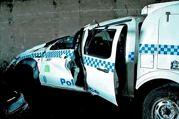 Another view of the damaged police vehicle in which probationary constable Julie Heise was a passenger in 2009.