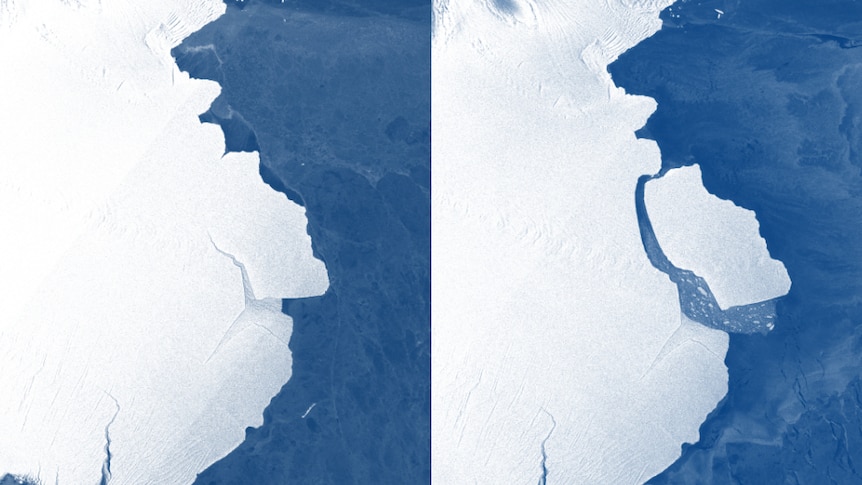 A composite image of the ice shelf, and the same ice shelf with a berg broken off