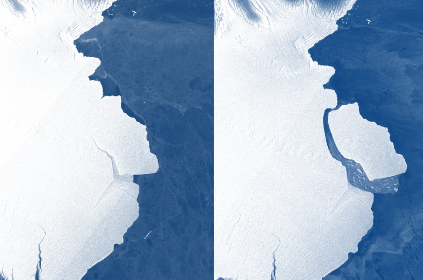 A composite image of the ice shelf, and the same ice shelf with a berg broken off