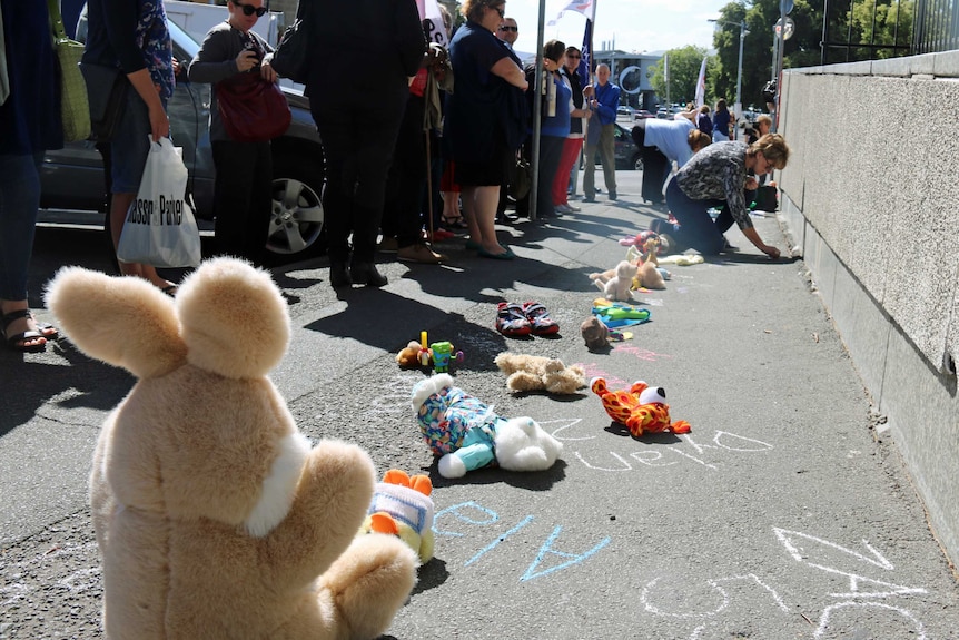 Protesters with toys outside Tasmanian Minister Jacquie Petrusma's office