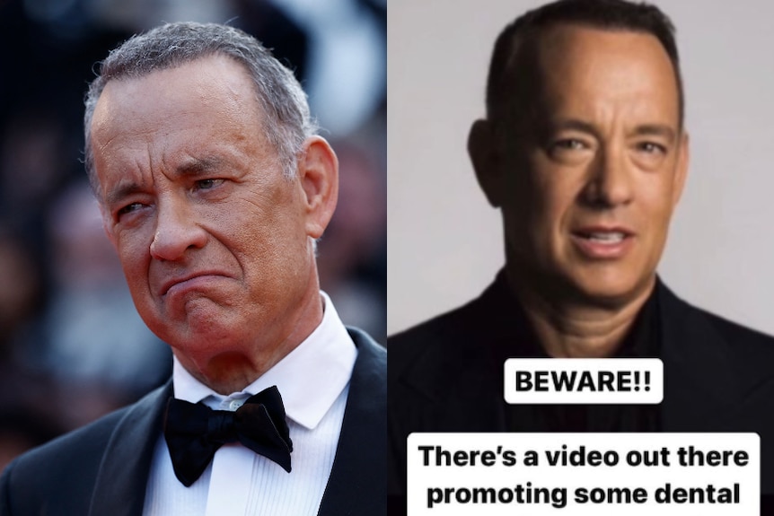 Tom Hanks on one side and an AI-generated Tom Hanks on the other. 