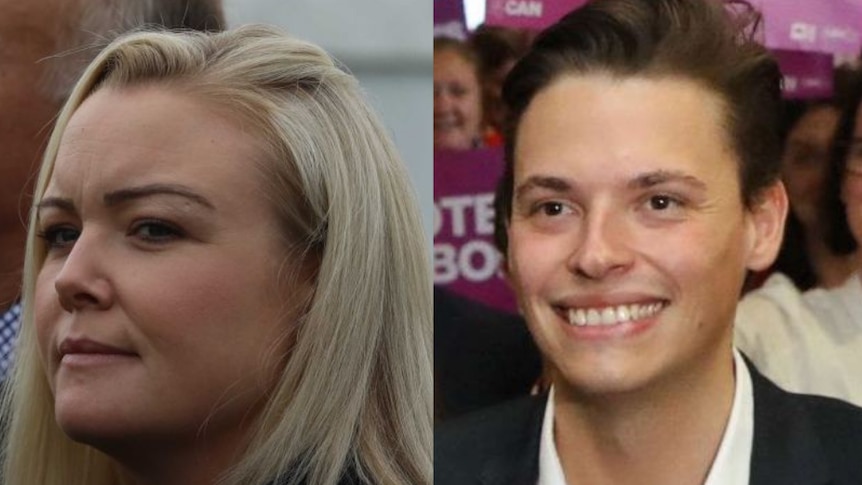 Close-ups of a woman with long blonde hair and a man with short brown hair