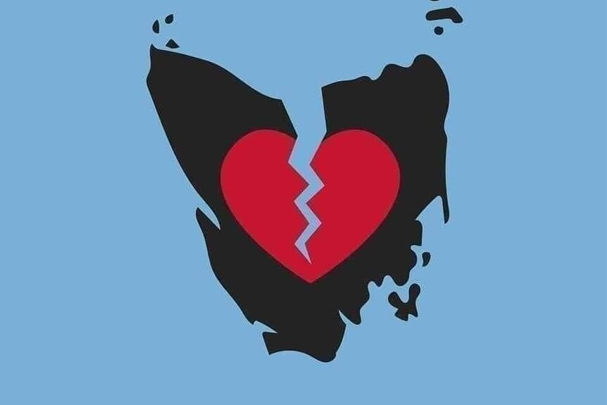 A graphic showing a red broken heart over Tasmania.