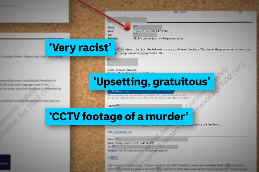A graphic design of a document with redacted sections and words highlighted, including "very racist" and "upsetting". 
