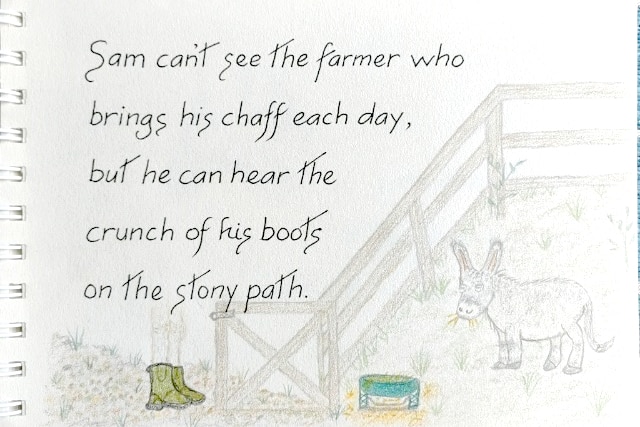 a page of a story book about a blind donkey who uses his hearing to know when food is coming
